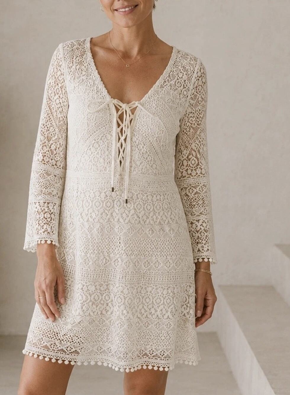 Adrianna Papell Dress Womens 10 Off White Romantic Lace Tie Front Long Sleeve